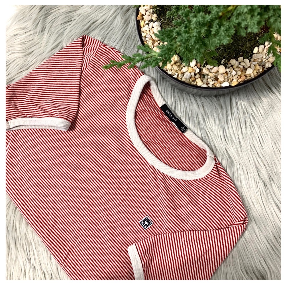 Red and White Striped Obey Short Sleeve Size Large